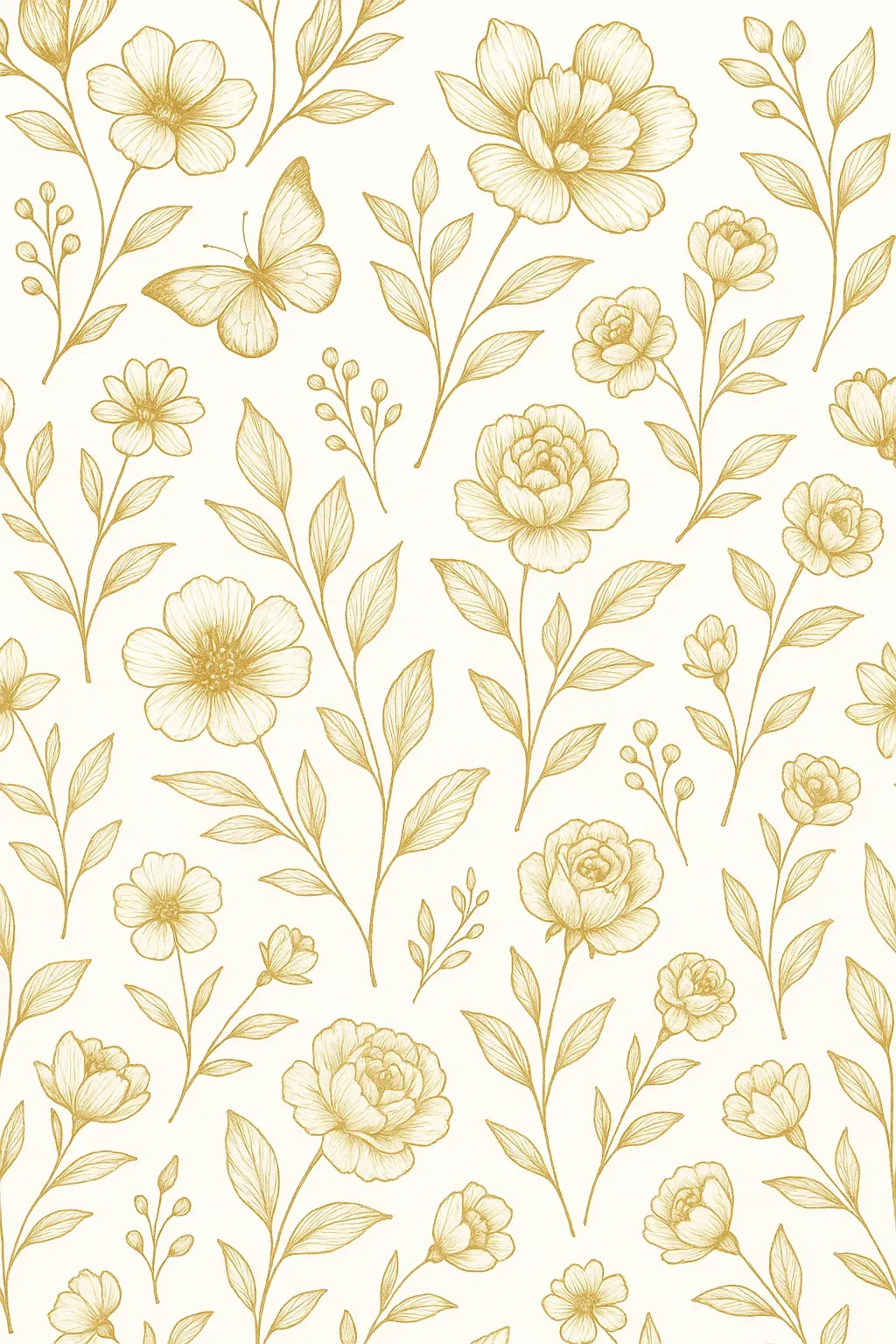 Motif répétitif élégant de fleurs dorées et de papillons dessinés sur fond blanc.