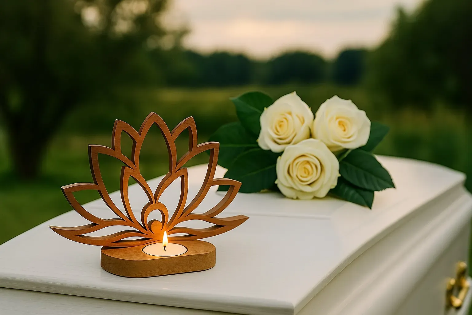 Bougie chauffe-plat dans un bougeoir lotus en bois devant trois roses blanches.